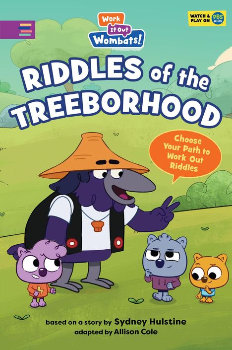 Text: "Work It Out Wombats! RIDDLES OF THE TREEBORHOOD. Choose Your Path to Work Out Riddles." Illustration von Tieren.