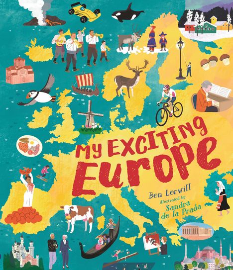„My Exciting Europe“ in großen Buchstaben auf einer Europakarte mit Illustrationen von Tieren, Menschen und Sehenswürdigkeiten.