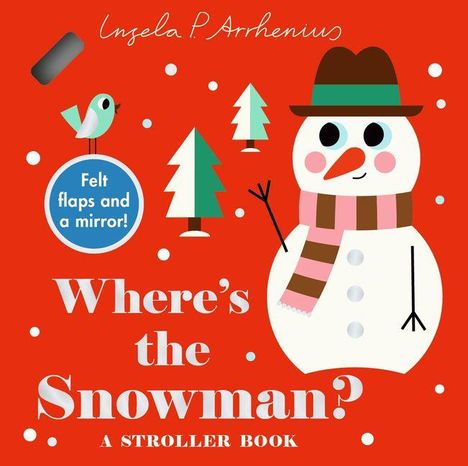 "Where’s the Snowman? A Stroller Book" Text auf rotem Hintergrund. Schneemann mit Mütze und Schal, Vogel, Bäume.