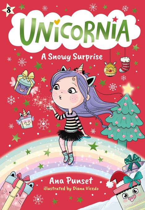 "UNICORNIA: A Snowy Surprise" steht in der Mitte. Ein Mädchen mit Einhorn-Haarreif pustet Glitzer. Weihnachtsbaumszene.