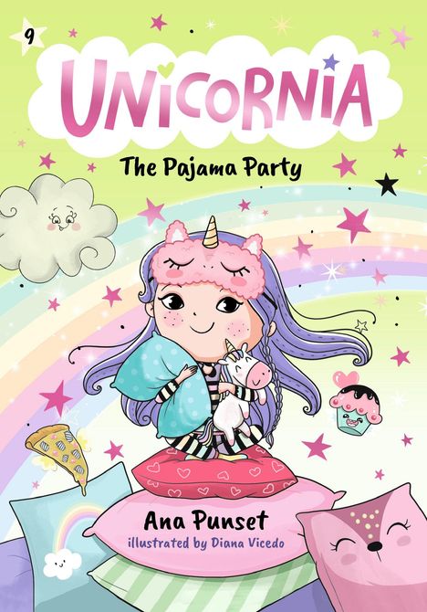 Titel: Unicornia: The Pajama Party. Illustration eines Mädchens mit lila Haaren, Einhorn-Haarband, Kissen und Plüschtier.