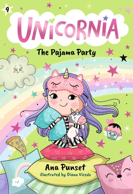 „Unicornia: The Pajama Party“ in pinker Schrift auf grünem Hintergrund mit einem Mädchen, das ein Einhorn kuschelt.