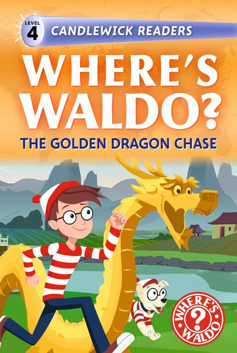 Oberer Text: "CANDLEWICK READERS Level 4". Titel: "WHERE'S WALDO? THE GOLDEN DRAGON CHASE". Illustration: Waldo reitet auf einem goldenen Drachen.