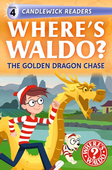 „Where's Waldo? The Golden Dragon Chase“. Illustration: Waldo auf goldenem Drachen im Freien, mit Hund im Streifenlook.