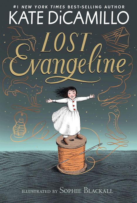 "Lost Evangeline", eine Illustration mit einem Mädchen auf einer Garnrolle, umgeben von goldenen Zeichnungen eines Boots und Tieren.