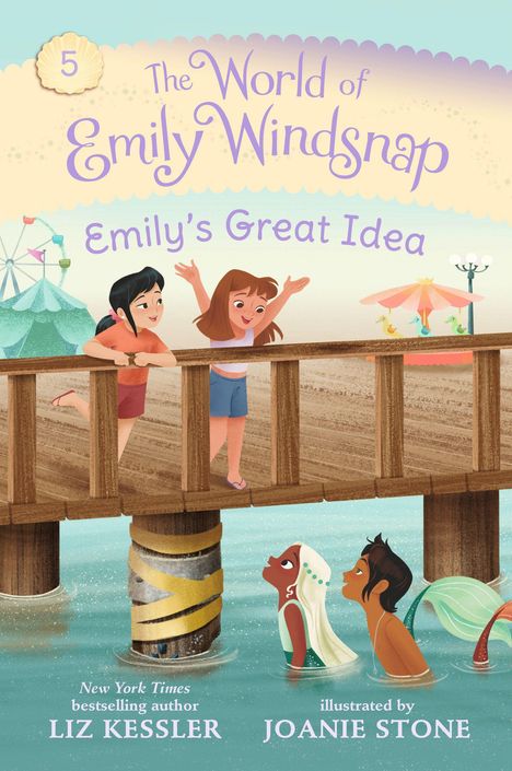 "Emily Windsnap: Emily's Great Idea" steht auf einer Illustration mit Kindern auf einem Pier und Meerjungfrauen im Wasser.