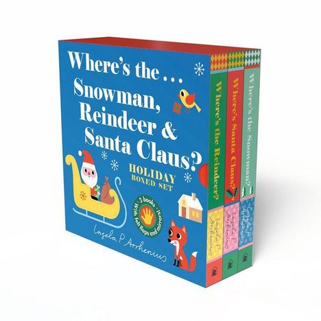 "Where’s the Snowman, Reindeer & Santa Claus?" - Boxset mit farbenfrohen Illustrationen von Schlitten, Fuchs und Vögeln.