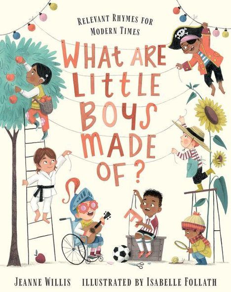 "What are little boys made of?" steht in großen Buchstaben. Verschiedene Kinder spielen in farbenfroher Umgebung.
