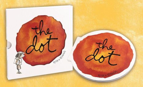 "the dot" in schwarzer Schrift auf orangem Wasserfarben-Kreis. Illustration mit einem Mädchen links daneben.