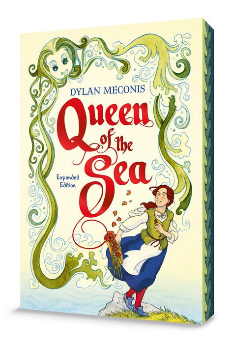 „DYLAN MECONIS, Queen of the Sea, Expanded Edition“ in geschwungener Schrift. Illustration: Mädchen mit Blumen am Meer.