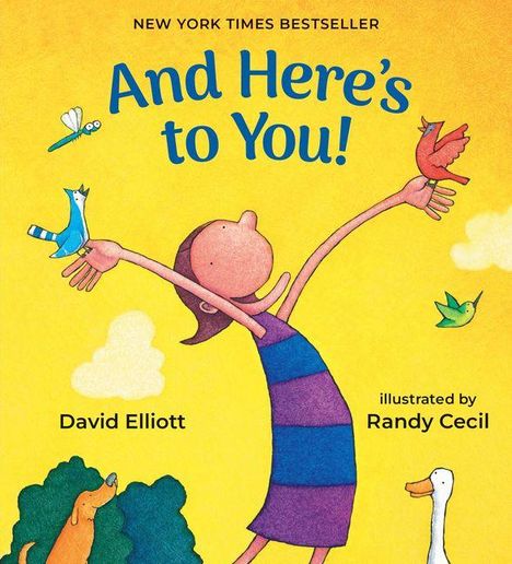 „And Here's to You!“. Illustration von Person, Tieren und Vögeln gegen gelben Hintergrund mit Wolken.