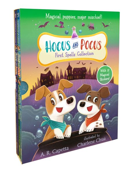 „Hocus and Pocus“: Zwei fröhliche Welpen in einem Boot vor einem Schloss und einem farbenfrohen Himmel.