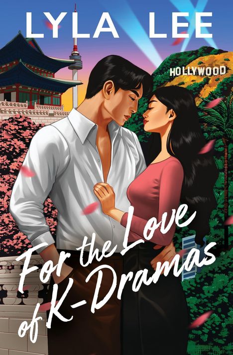 "LYLA LEE" oben, "For the Love of K-Dramas" unten. Illustration eines Paares vor Kirschblüten und einem koreanischen Gebäude.