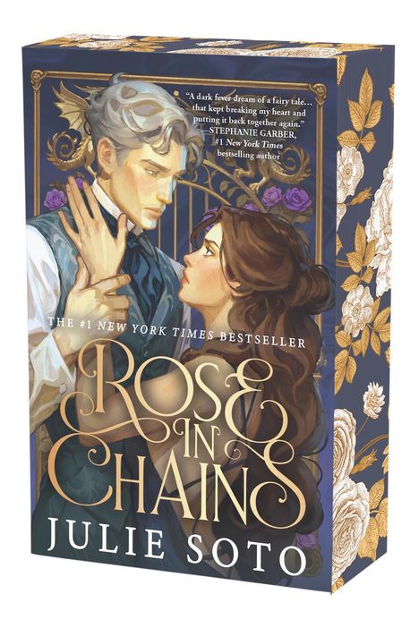 „ROSE IN CHAINS“ von Julie Soto. Illustration mit Mann und Frau vor floralen Mustern.