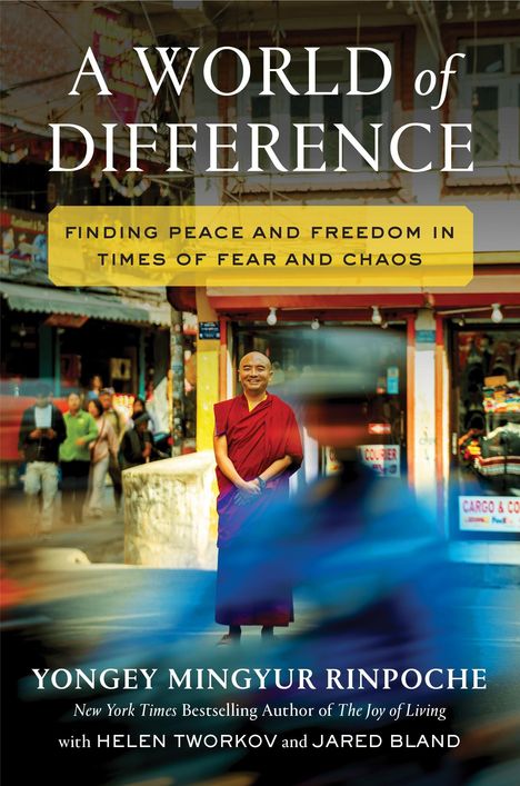 Titel: "A World of Difference". Untertitel: "Finding Peace and Freedom in Times of Fear and Chaos". Mönch in roter Robe.