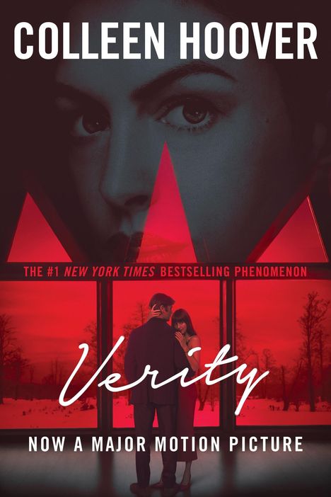 Text: "Colleen Hoover", "Verity", "Now a major motion picture". Ein Paar steht vor roten Dreiecken; großes Gesicht im Hintergrund.