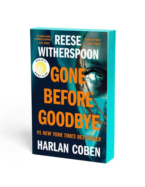 „Gone Before Goodbye“, Reese Witherspoon, Harlan Coben, #1 New York Times Bestseller. Großes Auge im Hintergrund.