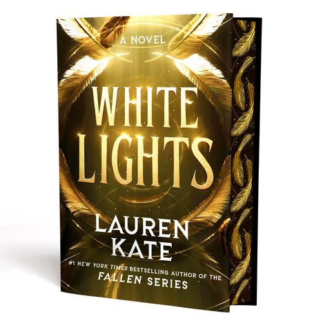 Titel: WHITE LIGHTS. Autorin: Lauren Kate. Goldene Federn auf dunkelgoldenem Hintergrund.