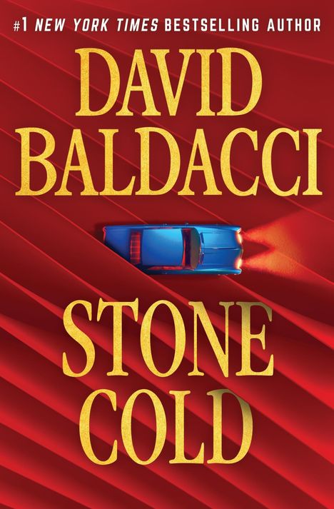Text: "DAVID BALDACCI STONE COLD". Ein blauer Sportwagen fährt auf roten Streifen mit Lichteffekten.