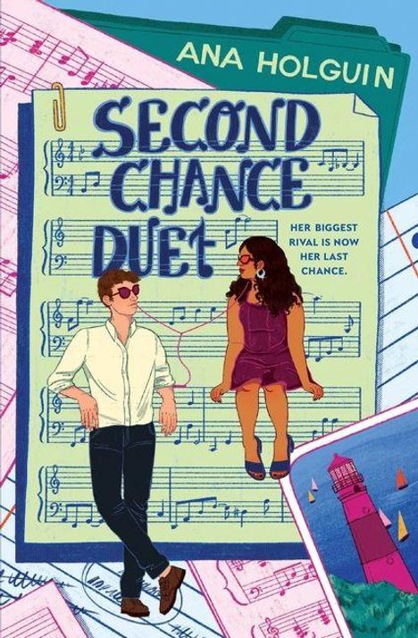 „Second Chance Duet“. „Her biggest rival is now her last chance.“ Zwei Personen mit Ohrhörern auf einem Notenblatt.