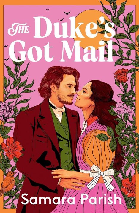 "The Duke's Got Mail" und "Samara Parish". Illustration eines Paares umgeben von Blumen vor einem pinken Hintergrund.