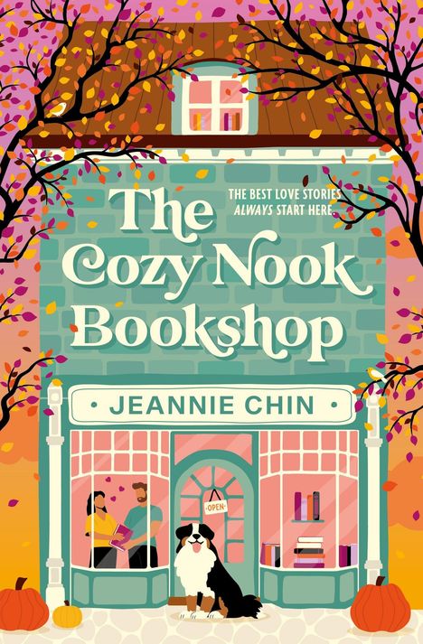 "The Cozy Nook Bookshop", "The best love stories always start here". Illustration eines Buchladens mit Hund und Herbstblättern.