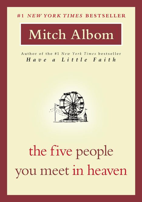 "Mitch Albom: the five people you meet in heaven." Illustration eines Riesenrads auf beige Hintergrund.