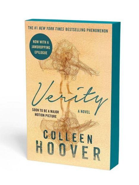 „Verity“ von Colleen Hoover, ein Roman mit einer auffälligen Illustration zweier tanzender Figuren in Braun auf hellem Grund.