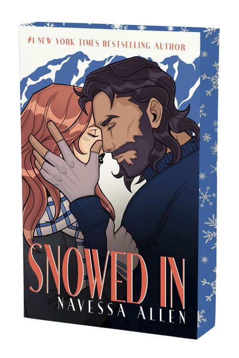 "Snowed In" von Navessa Allen. Zwei Personen in inniger Umarmung, stilisierte Illustration mit blauem Schneeflockenrand.