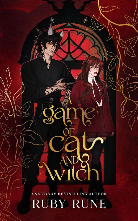 "A game of cat and witch" in geschwungener Schrift. Illustration: Zwei Personen vor einem roten Fenster, goldene Blätter.