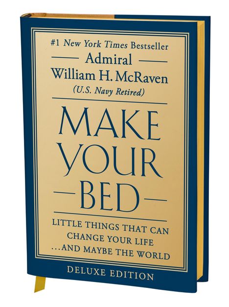 Text: "#1 New York Times Bestseller Admiral William H. McRaven (U.S. Navy Retired) MAKE YOUR BED Deluxe Edition." Buch mit blau-gelbem Cover.