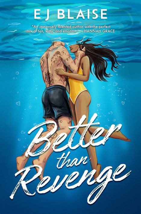 Der Text „E J BLAISE“ und „Better than Revenge“. Eine Illustration eines Paares, das unter Wasser tanzt.