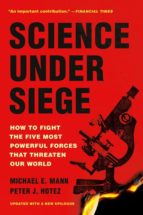 "SCIENCE UNDER SIEGE" in großen Buchstaben, roter Hintergrund, schwarzes Mikroskop, flammende Kante am unteren Rand.