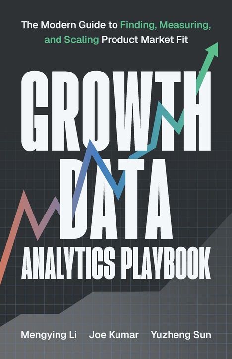 "The Modern Guide to Finding, Measuring, and Scaling Product Market Fit. GROWTH DATA ANALYTICS PLAYBOOK. Mengying Li, Joe Kumar, Yuzheng Sun." Im Hintergrund sind bunte Aufwärtskurven.