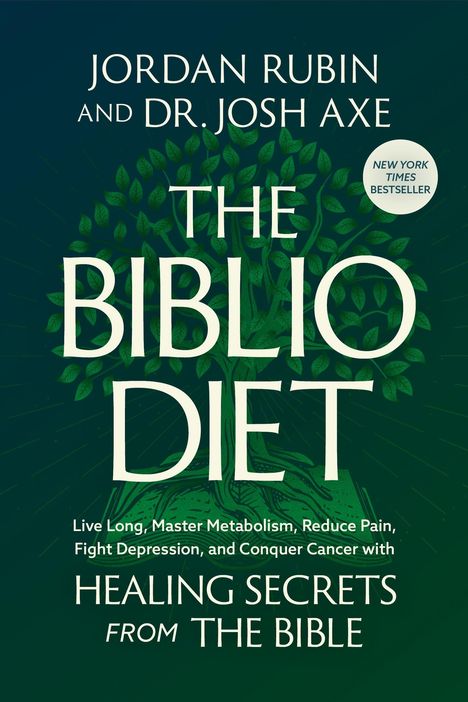 "THE BIBLIO DIET" von Jordan Rubin und Dr. Josh Axe. Grüner Hintergrund, Baumgrafik, Bestseller-Emblem.