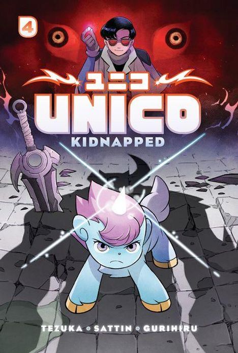 Text: „UNICO KIDNAPPED“. Illustration eines Einhorns auf einem Boden mit einem großen Schwert und mystischer Figur.