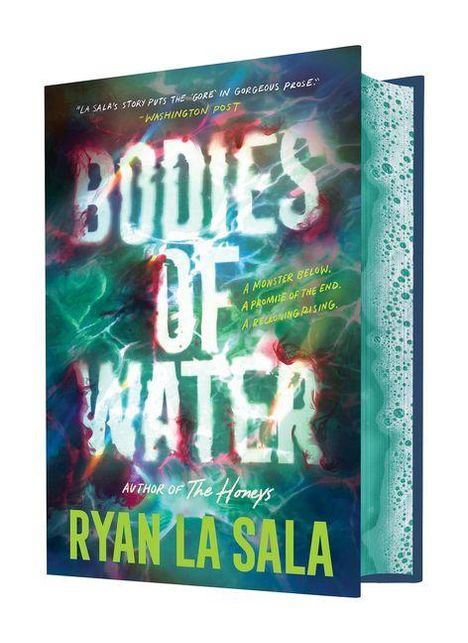"Bodies of Water. A monster below. A promise of the end. A reckoning rising. Ryan La Sala." Bunte, mystische Designgestaltung.