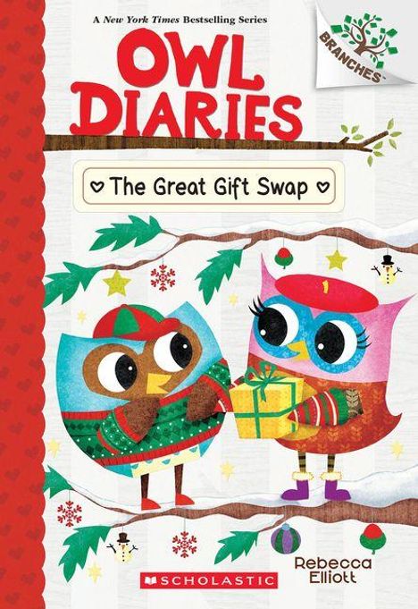 "OWL DIARIES", "The Great Gift Swap". Zwei bunte Eulen mit Geschenken, winterlich gekleidet, auf einem Ast. Illustration.