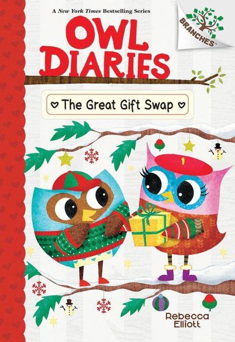 Text: "Owl Diaries", "The Great Gift Swap", "Rebecca Elliott". Zwei bunte Eulen im Winter mit einem Geschenk. Illustratorisch.