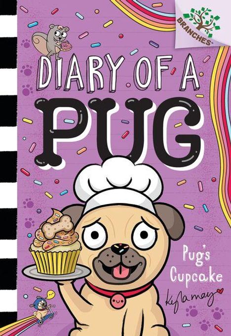 Text: "Diary of a Pug: Pug's Cupcake." Cartoon-Mops mit Kochmütze hält Cupcake. Buntes, fröhliches Design mit Streifen und Punkten.