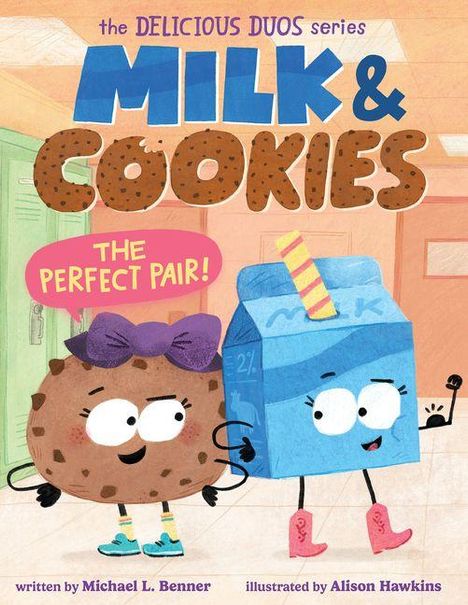 Text: "Milk & Cookies: The Perfect Pair!" Illustration von fröhlichem Keks mit Schleife und tanzender Milchtüte mit Stiefeln.
