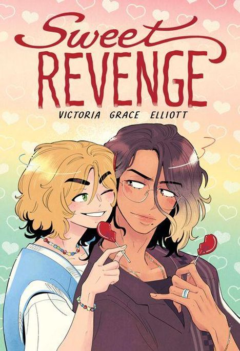 „Sweet Revenge“ und „Victoria Grace Elliott“ oben. Illustration: Zwei Figuren mit Lollipops, fröhlich, pastellfarbener Hintergrund.