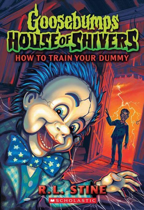 "Goosebumps House of Shivers: How to Train Your Dummy." Ein grinsender Dummy im Vordergrund, Blitz im Hintergrund.