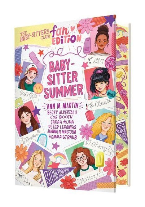"Baby-Sitter Summer" und Autorenname. Bunte Illustration mit Mädchenporträts, Blumen, einem Stift und Handy.