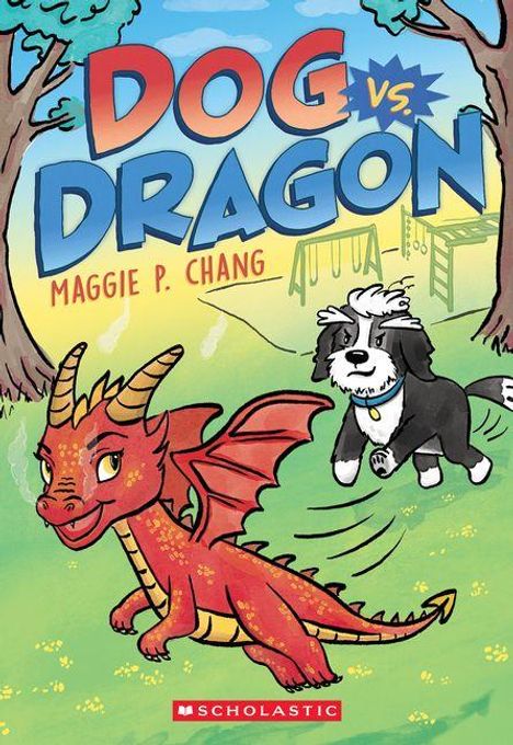 „DOG vs. DRAGON“ von Maggie P. Chang. Ein roter Drache und ein schwarz-weißer Hund auf einer Wiese, zwei Bäume im Hintergrund.