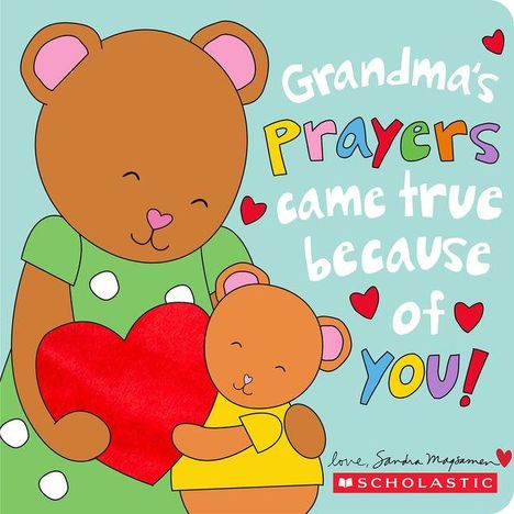 Text: "Grandma's prayers came true because of you!" Illustration von zwei Bären, die ein rotes Herz halten.