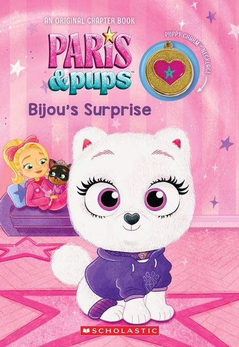Text: "Paris & Pups: Bijou's Surprise". Illustration eines weißen Welpen in einem lila Hoodie, Mädchen im Hintergrund.