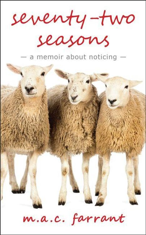 "Seventy-two seasons – a memoir about noticing" von m.a.c. farrant. Drei Schafe stehen nebeneinander vor hellem Hintergrund.
