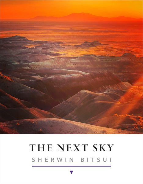 „THE NEXT SKY“, „SHERWIN BITSUI“. Eine Landschaft bei Sonnenuntergang mit orangefarbenem Himmel und sanften Hügeln.