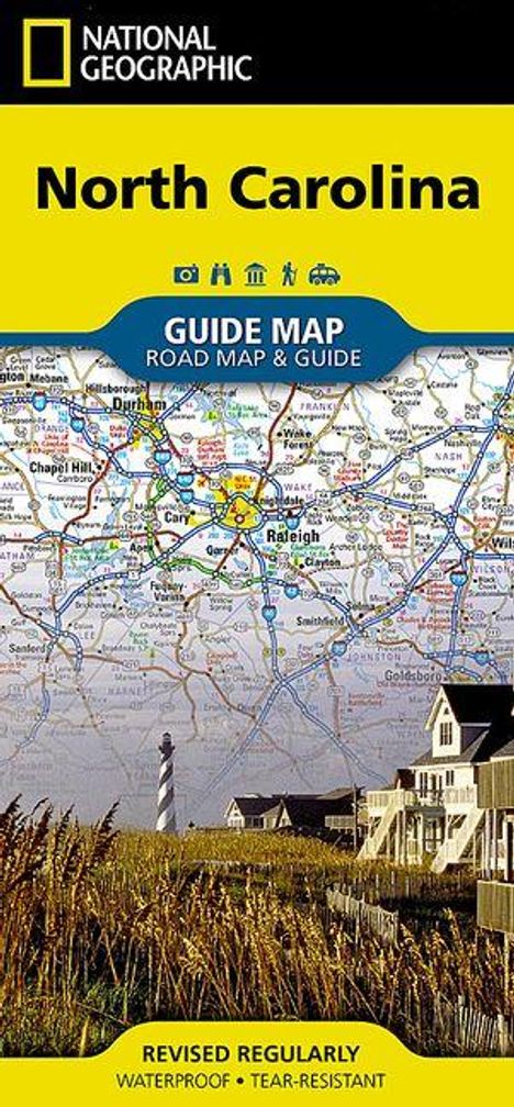 National Geographic, North Carolina, Guide Map, Road Map & Guide. Bild einer Landkarte und Küstenlandschaft mit Leuchtturm.